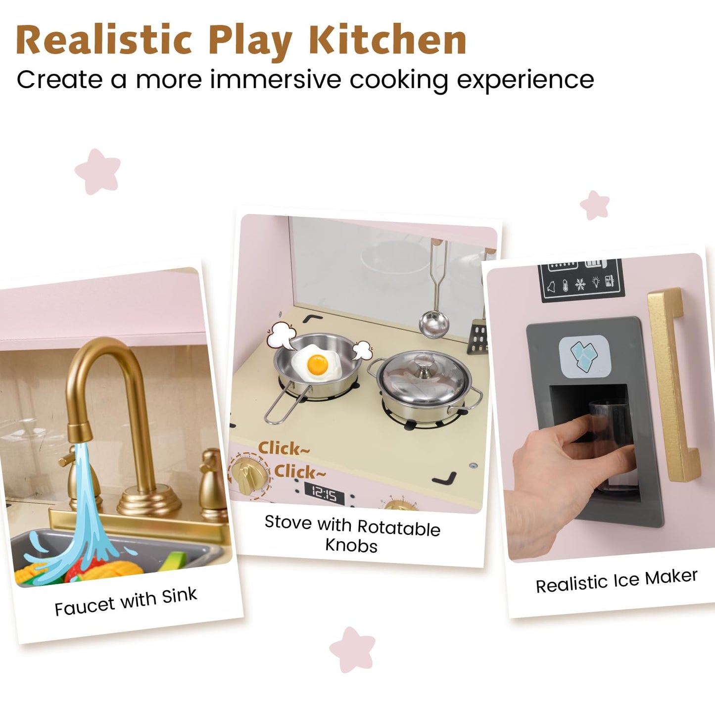 Wooden Kids Play Kitchen with Ice Maker and Fabric Drawer