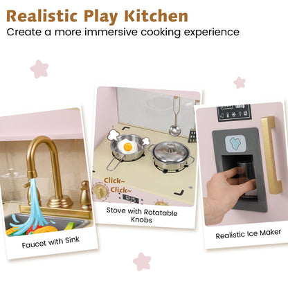 Wooden Kids Play Kitchen with Ice Maker and Fabric Drawer