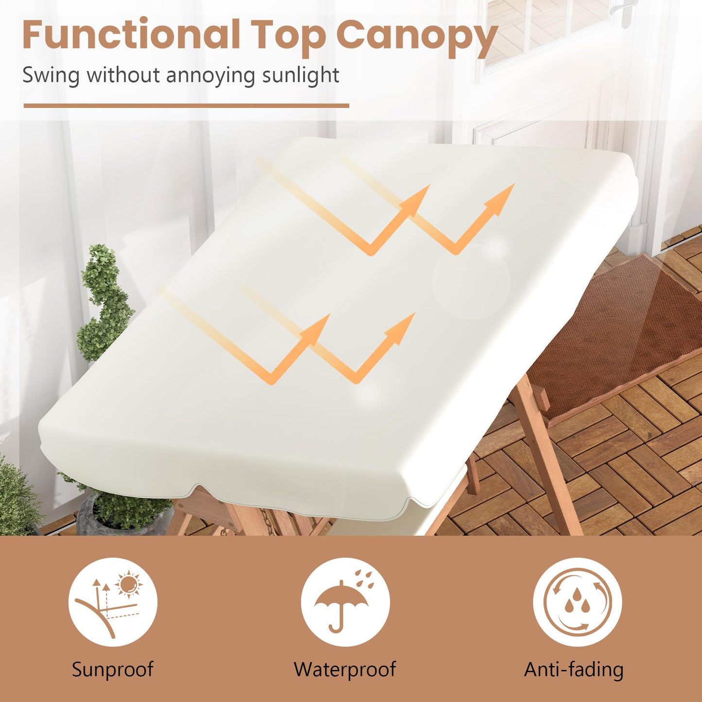Wood Porch Swing with Canopy, A Frame and Soft Seat Cushions
