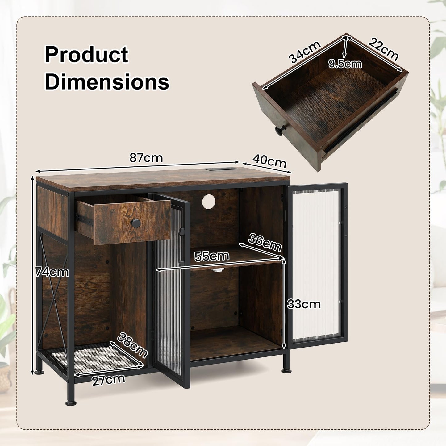Buffet Sideboard with Power Outlets & RGB LED Lights, Wooden Storage Cabinet