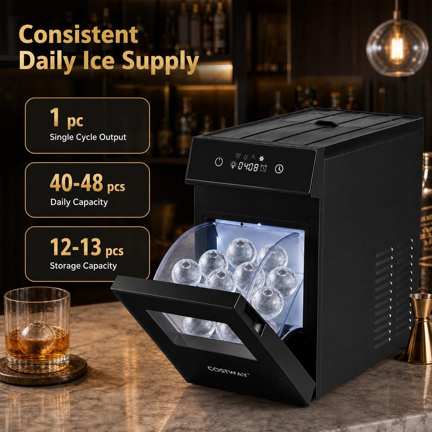 5 cm Ice Ball Maker with Self-Cleaning and 8H Timer for Whiskey Bourbon