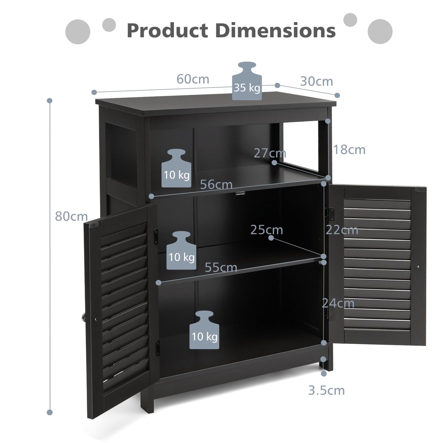 Bathroom Floor Cabinet, Wooden Freestanding Storage Cupboard with Double Shutter Door