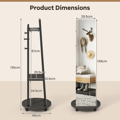 360¡ã Rotating Wood Frame Full Body Floor Mirror with Hanging Hooks