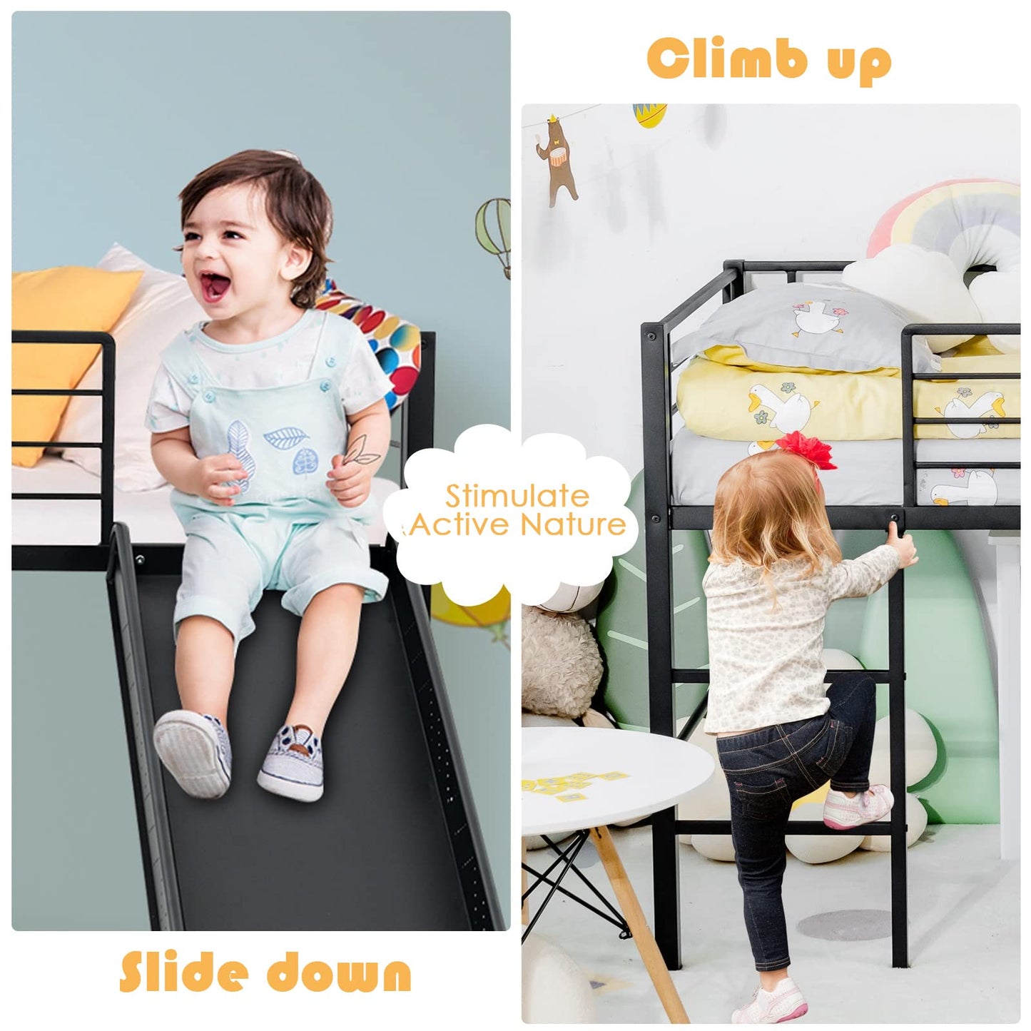 Sliding Loft Children Single Bed with Stairs and Safety Guardrails