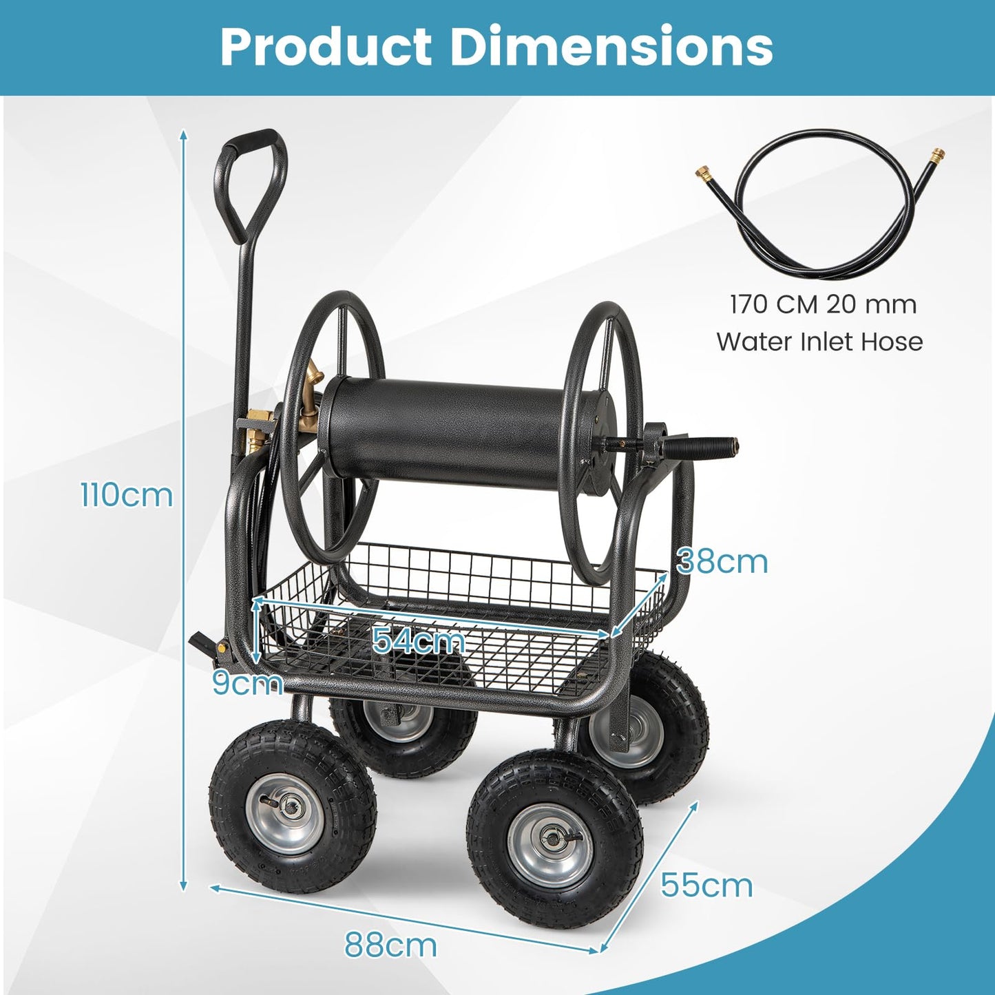 Garden Hose Reel Cart with 4 Wheels, Storage Basket & Crank Handle