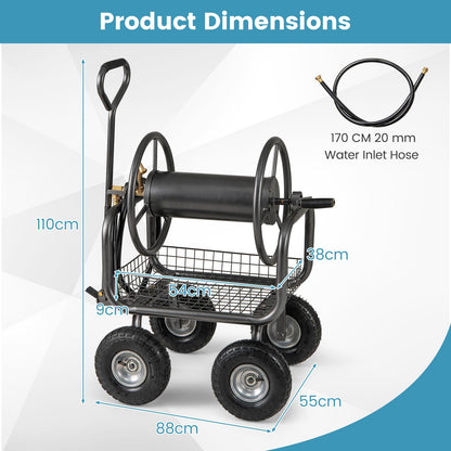 Garden Hose Reel Cart with 4 Wheels, Storage Basket & Crank Handle