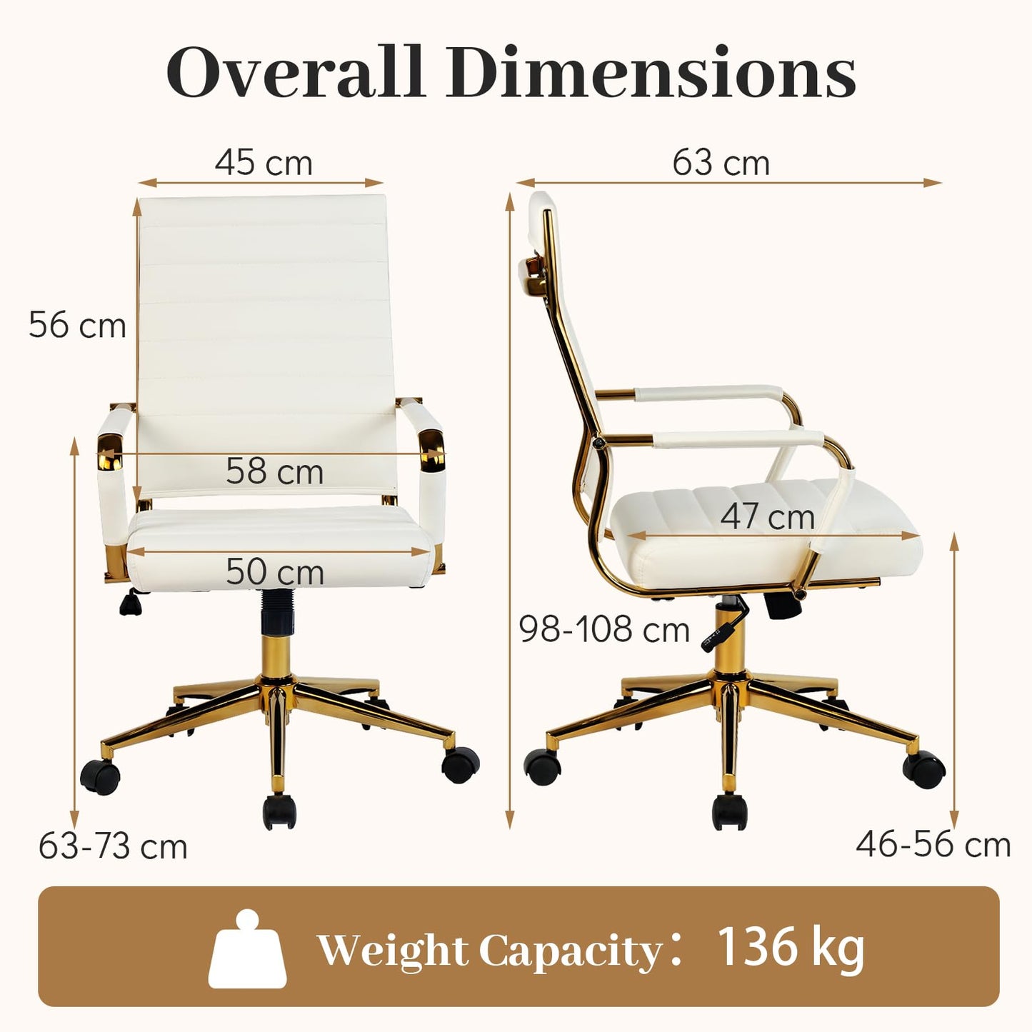 White Gold Office Chair with Ribbed PU Leather & Adjustable Backrest for Indoor