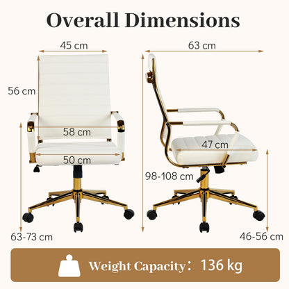 White Gold Office Chair with Ribbed PU Leather & Adjustable Backrest for Indoor