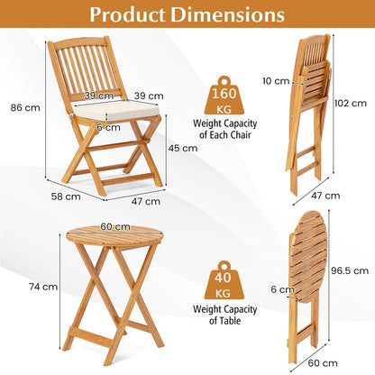 3 Piece Folding Bistro Set with Cushions for Patio
