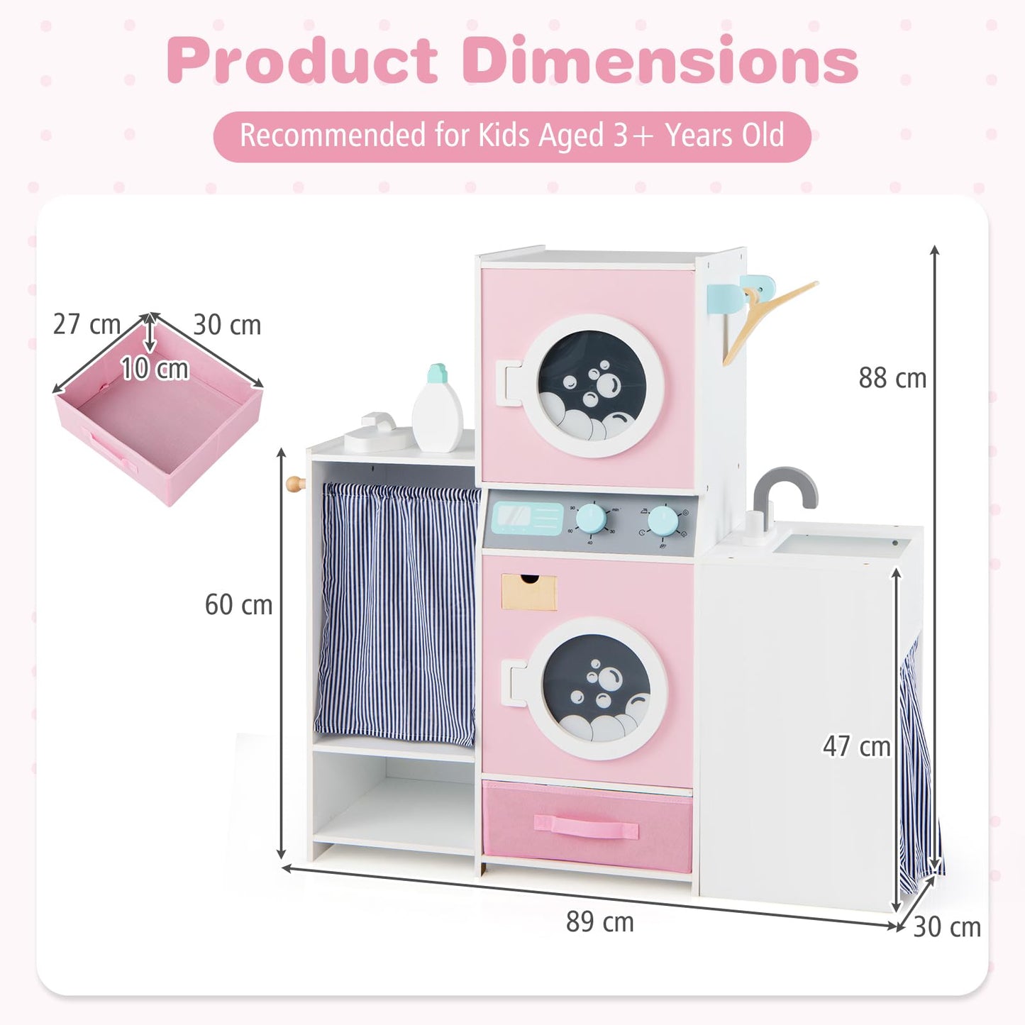 Wooden Kids Laundry Playset Pretend Toy Washing Machine with Laundry Detergent Bottle