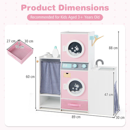 Wooden Kids Laundry Playset Pretend Toy Washing Machine with Laundry Detergent Bottle