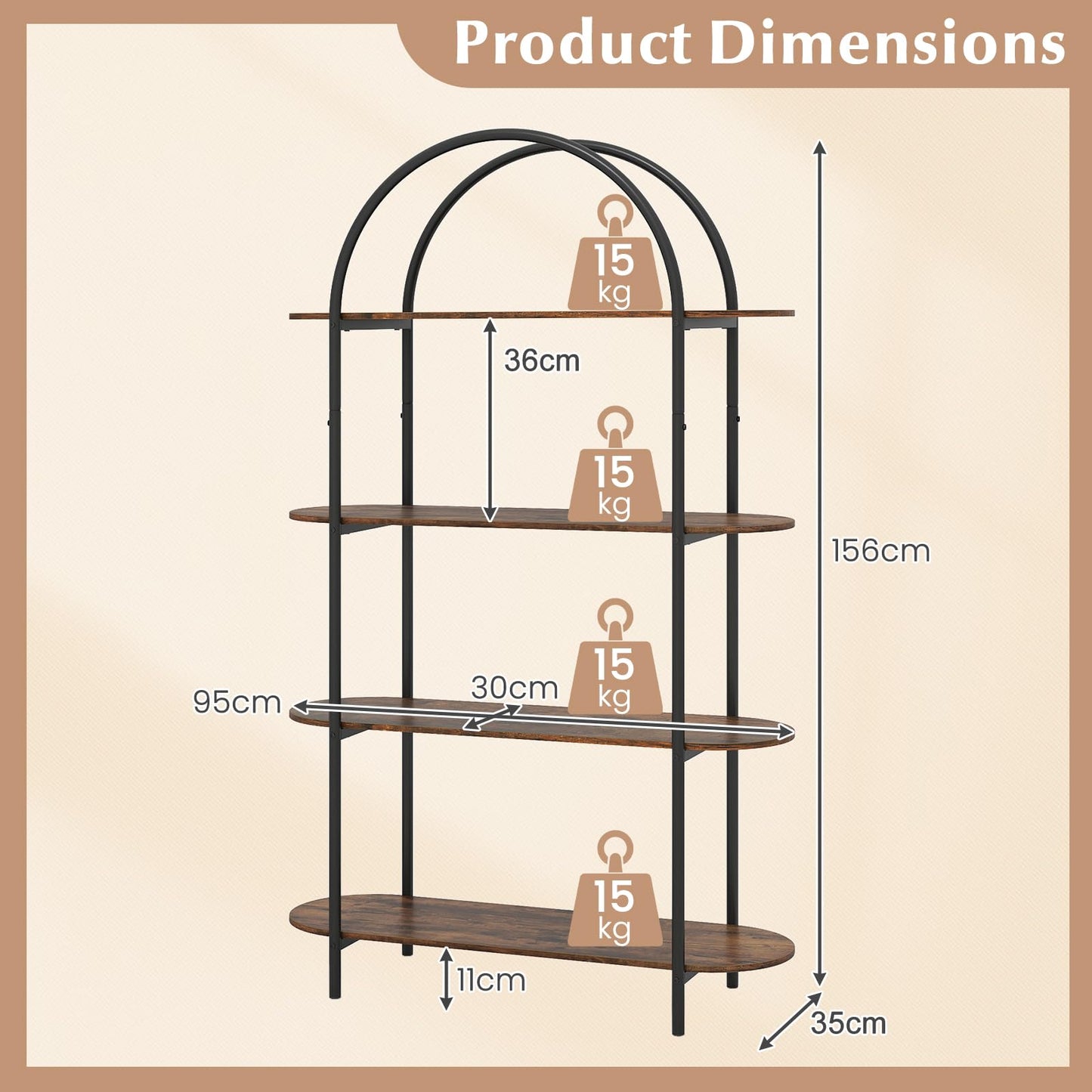 4-Tier Arched Bookshelf, 156cm Metal Frame Bookcase Shelving Unit