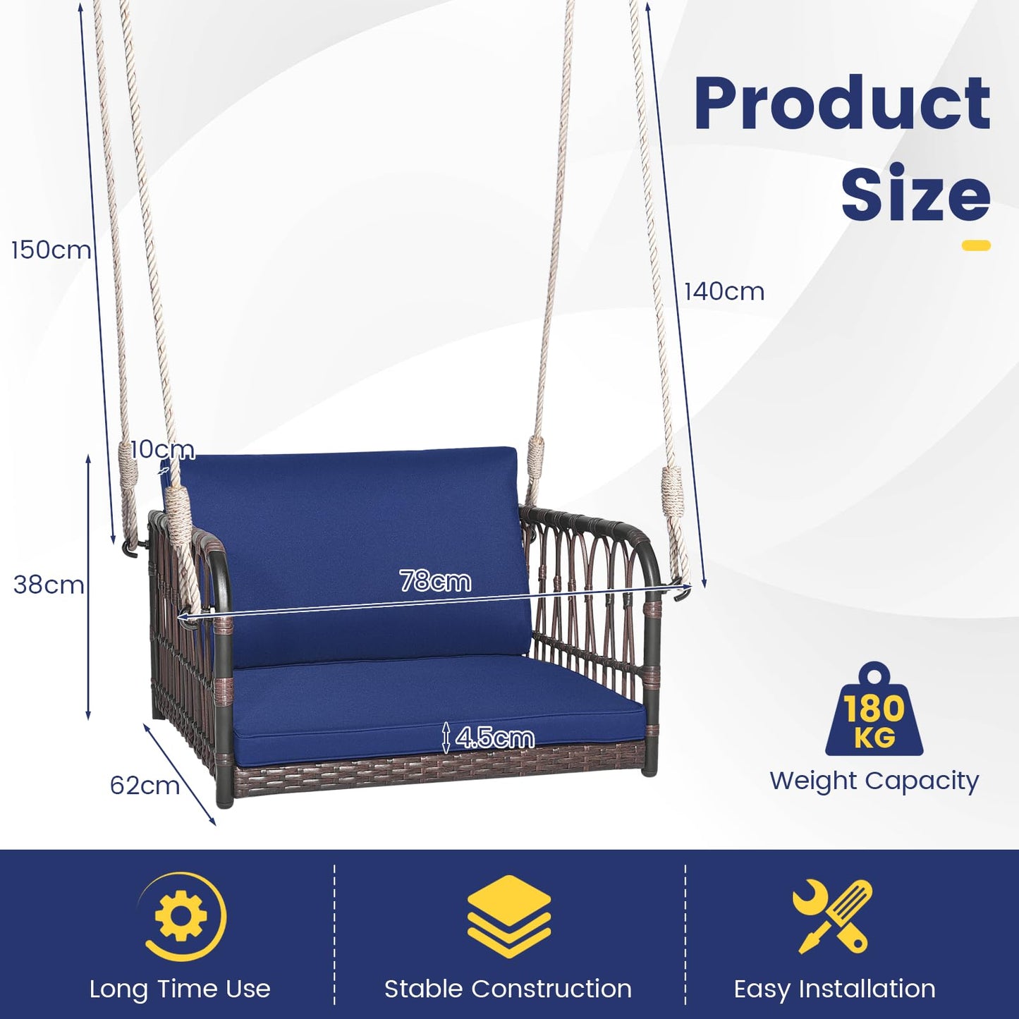 Patio Porch Swing Chair with Back and Seat Cushion for Patio Balcony Backyard