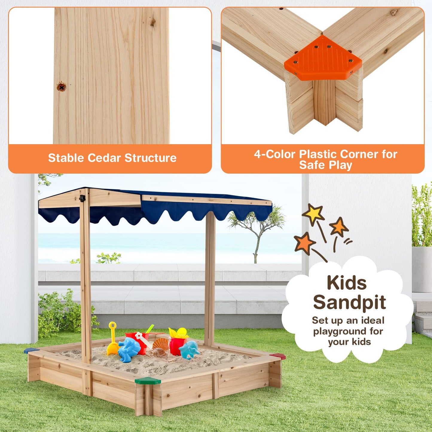 Wooden Kids Sandbox with Height-Adjustable Canopy and Protective Corners