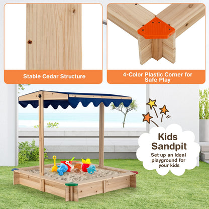 Wooden Kids Sandbox with Height-Adjustable Canopy and Protective Corners