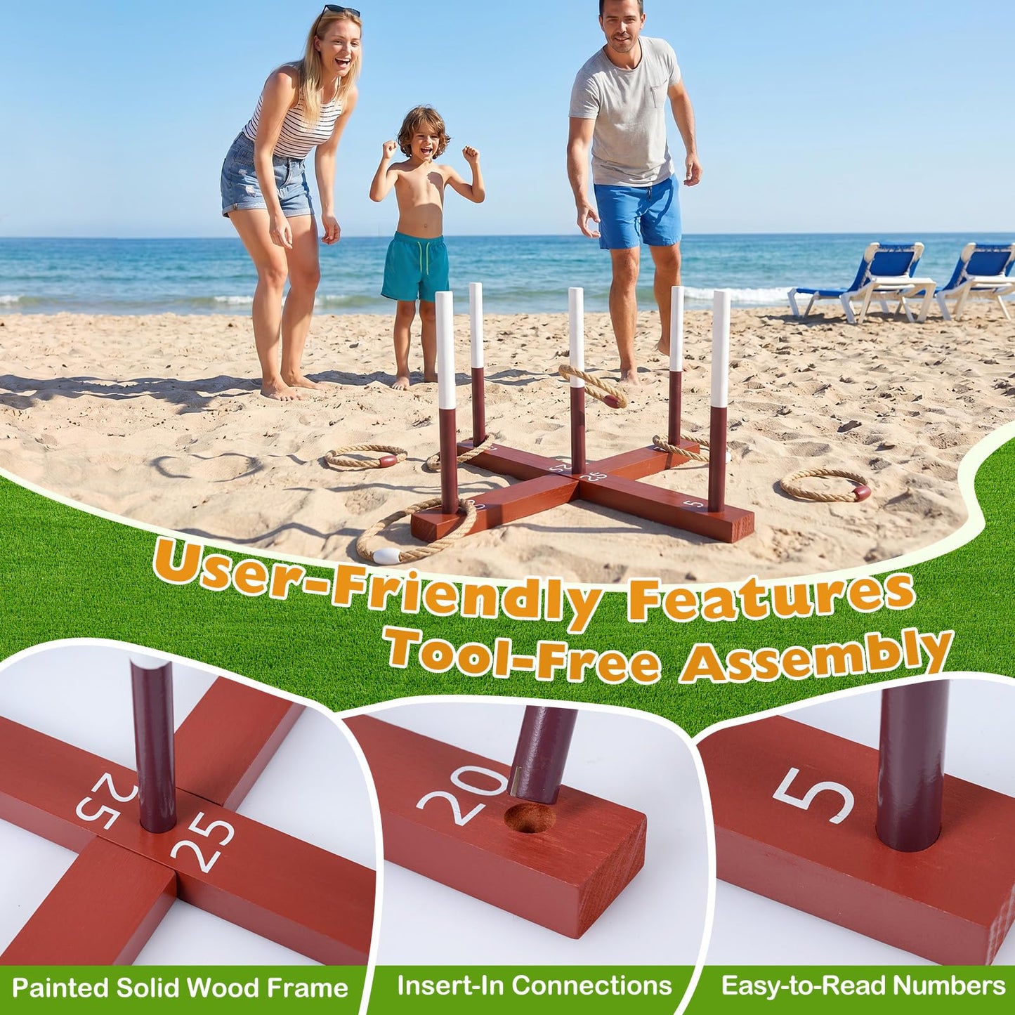 Wooden Quoits Games Set with Rope Rings, Indoor Outdoor Portable Throwing Game Toy