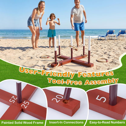 Wooden Quoits Games Set with Rope Rings, Indoor Outdoor Portable Throwing Game Toy