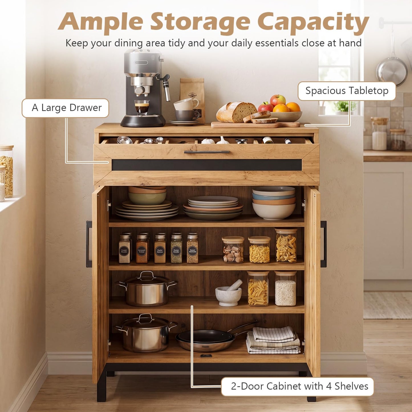 Storage Cabinet, Wooden Buffet Sideboard with Drawer, Doors, Removable Shelves and Metal Legs