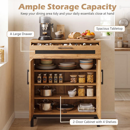 Storage Cabinet, Wooden Buffet Sideboard with Drawer, Doors, Removable Shelves and Metal Legs