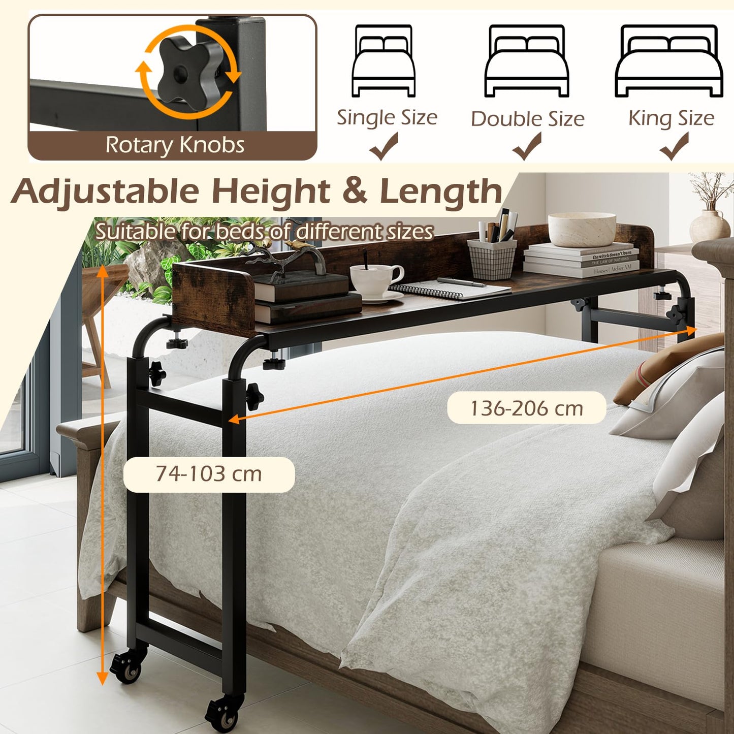 Overbed Table with Wheels, 136-206cm Mobile Over The Bed Table with Anti-Fall Barrier