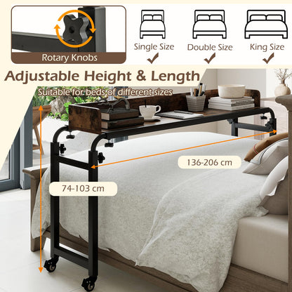 Overbed Table with Wheels, 136-206cm Mobile Over The Bed Table with Anti-Fall Barrier