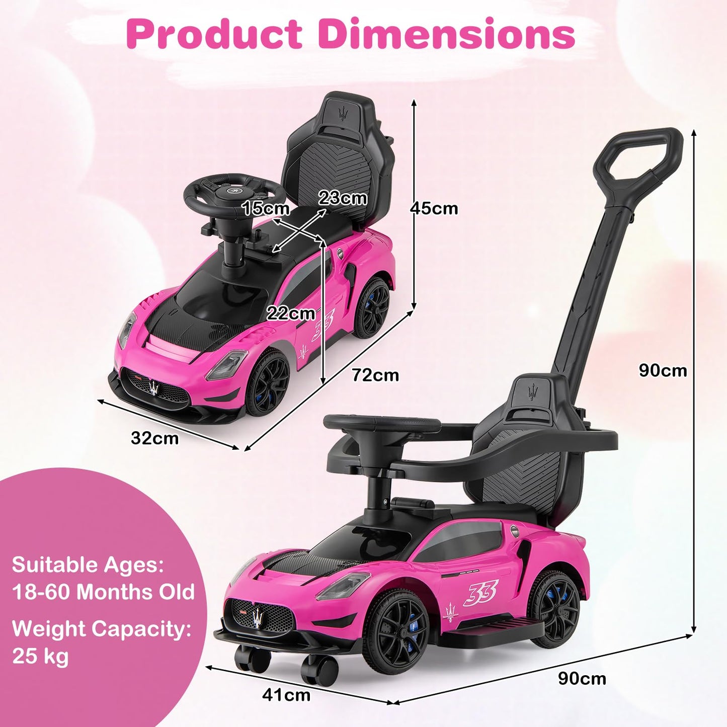 3-in-1 Ride on Push Car with 2 Universal Wheels, Music Steering, Guardrail and Handlebar