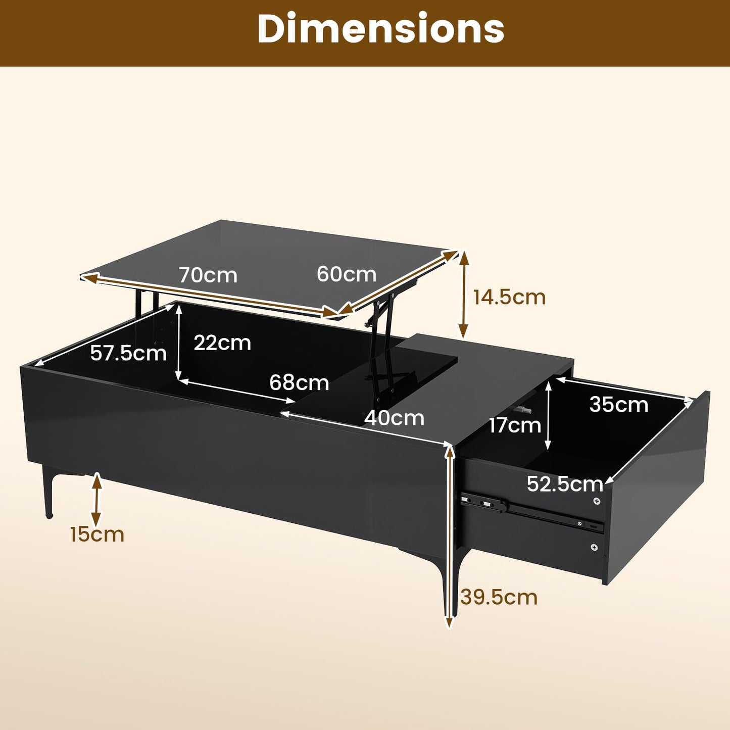 Lift Up Top Coffee Table with LED Lights, High Gloss Lifting Cocktail Center Table