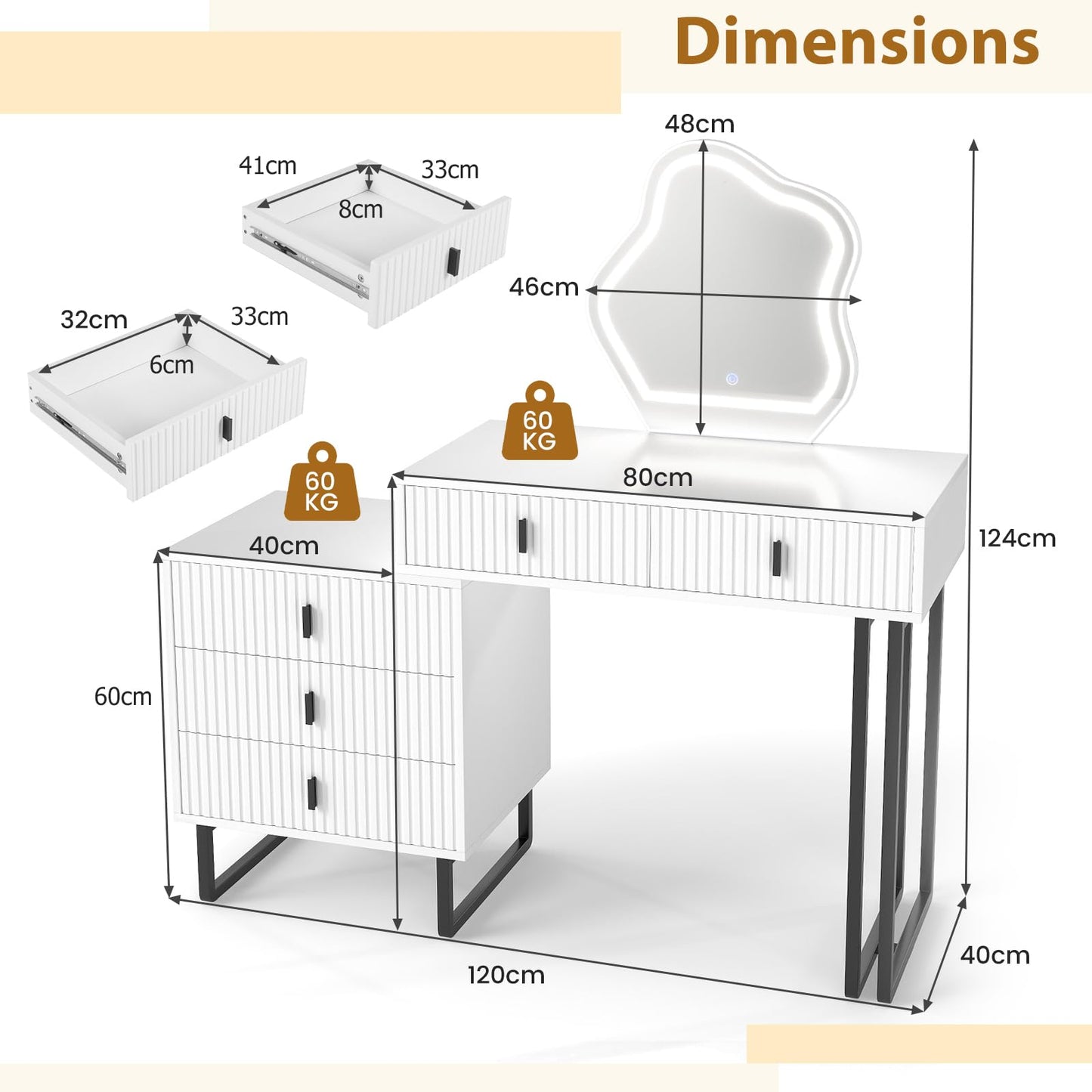 Dressing Table with Leaf-Shaped LED Mirror, Wooden Fluted Makeup Table