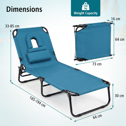 Folding Sun Lounger, 5-Position Adjustable Reclining Tanning Chair