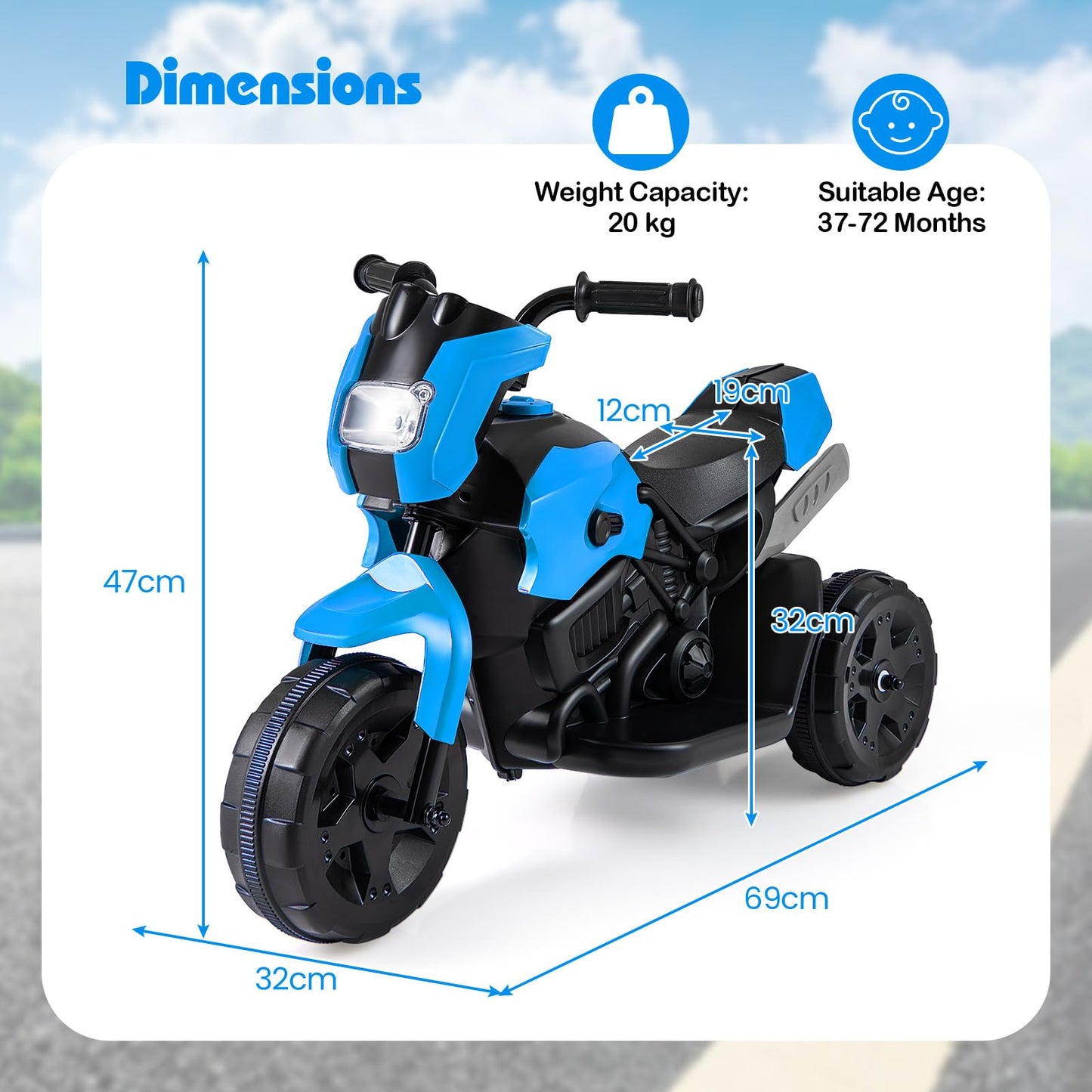 6V Kids 3-Wheel Ride on Motorbike with LED Headlight for Boys Girls Aged 37-72 Months