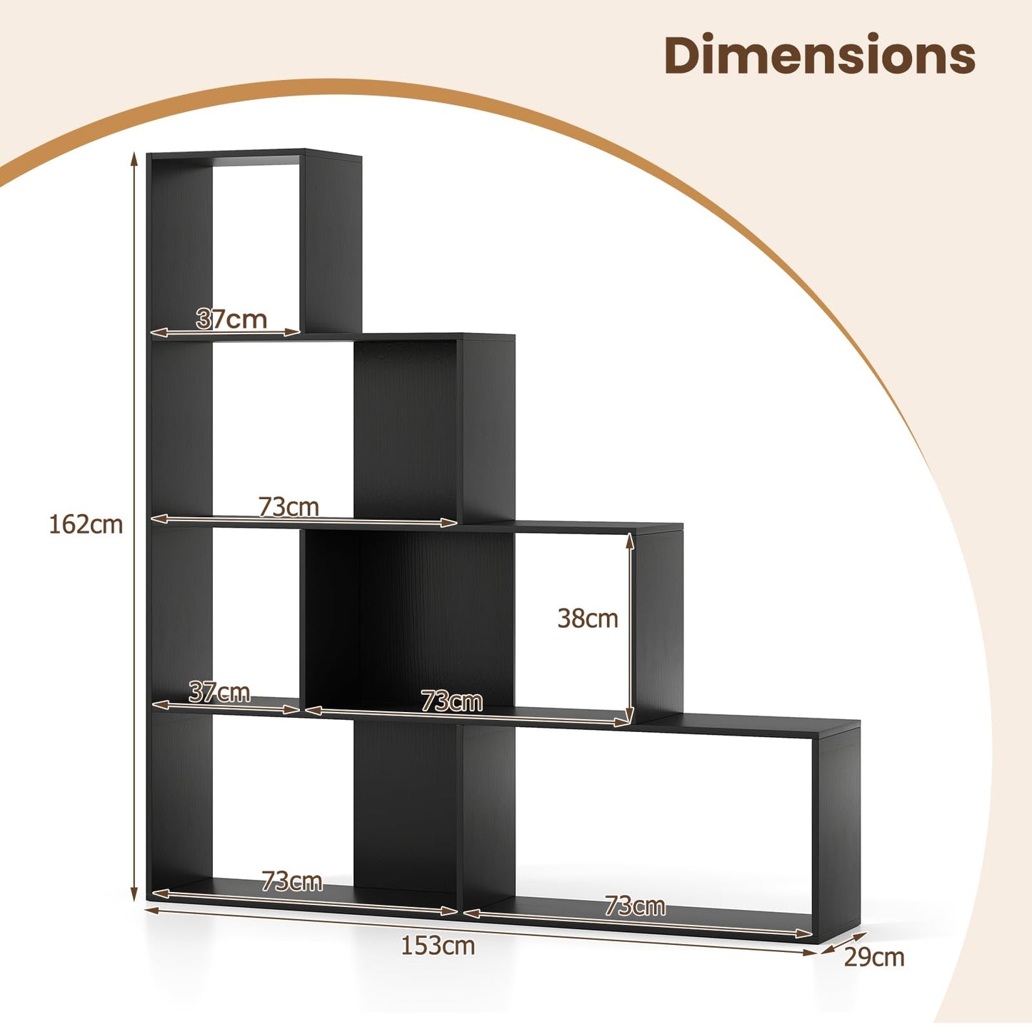 4-Tier Stepped Bookshelf Modern Ladder Bookcase with 6 Storage Cubes