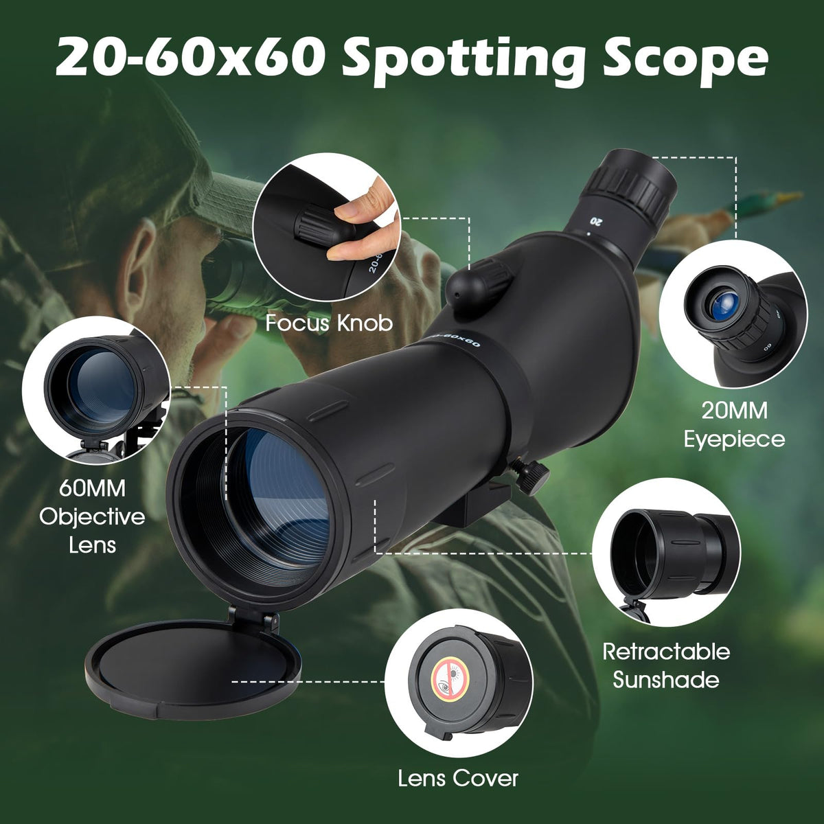 20-60x60 HD Spotting Scope with Tripod and Phone Adapter for Birds