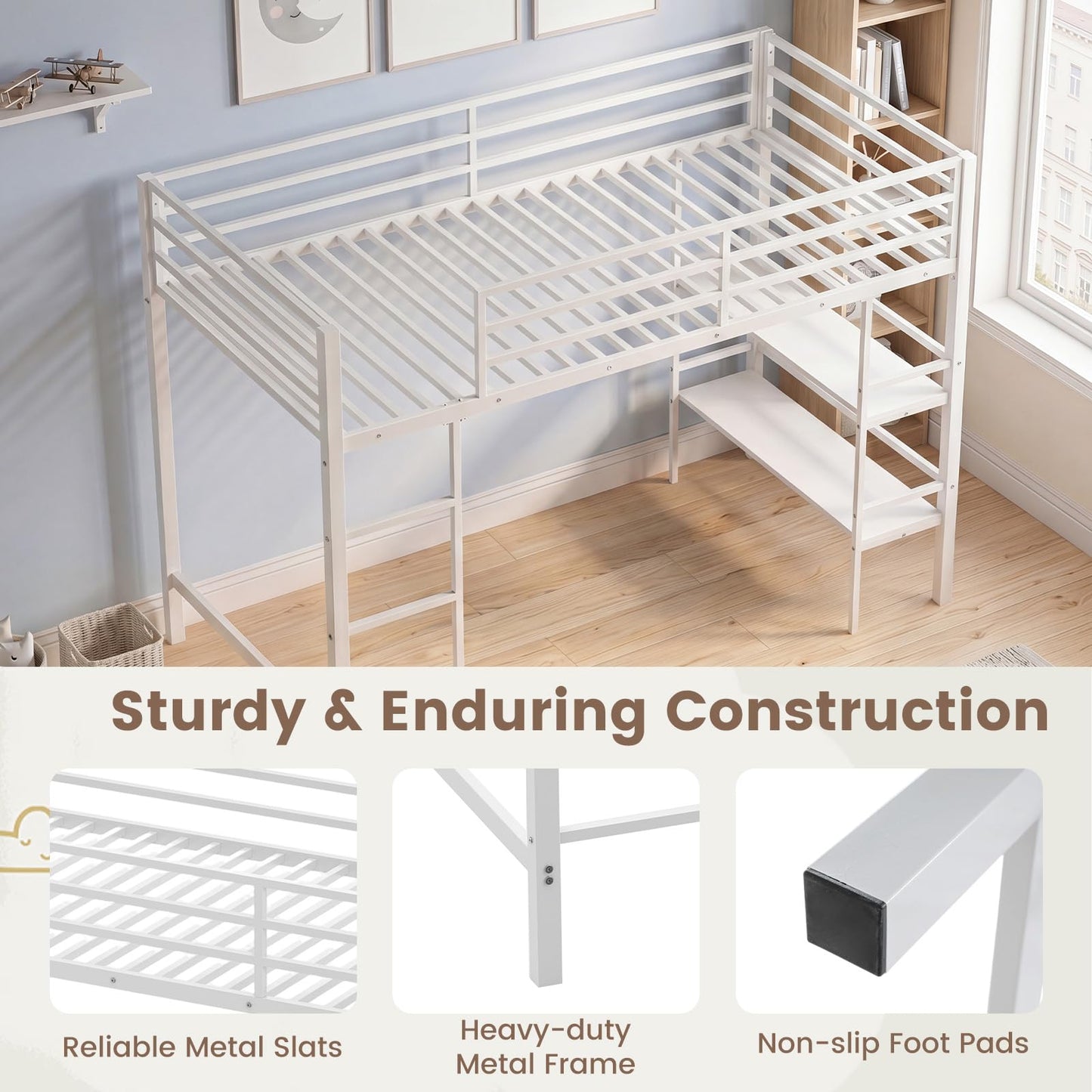Kids Loft Bed, Metal Single Size Low Loft Bed with Under-Bed Space