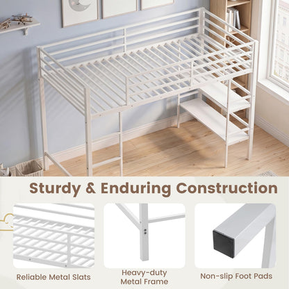 Kids Loft Bed, Metal Single Size Low Loft Bed with Under-Bed Space