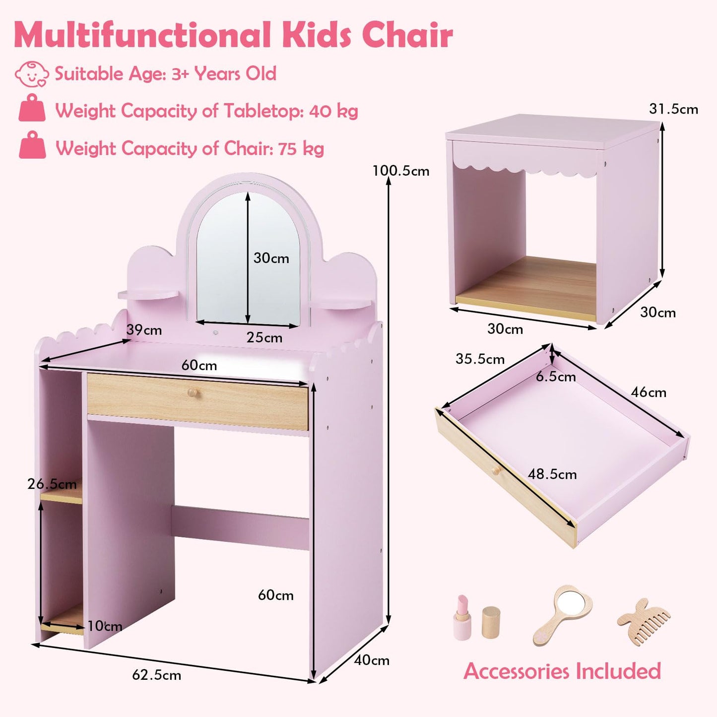 Kids Vanity with Lights and Storage Drawer with Chair for Ages 3+