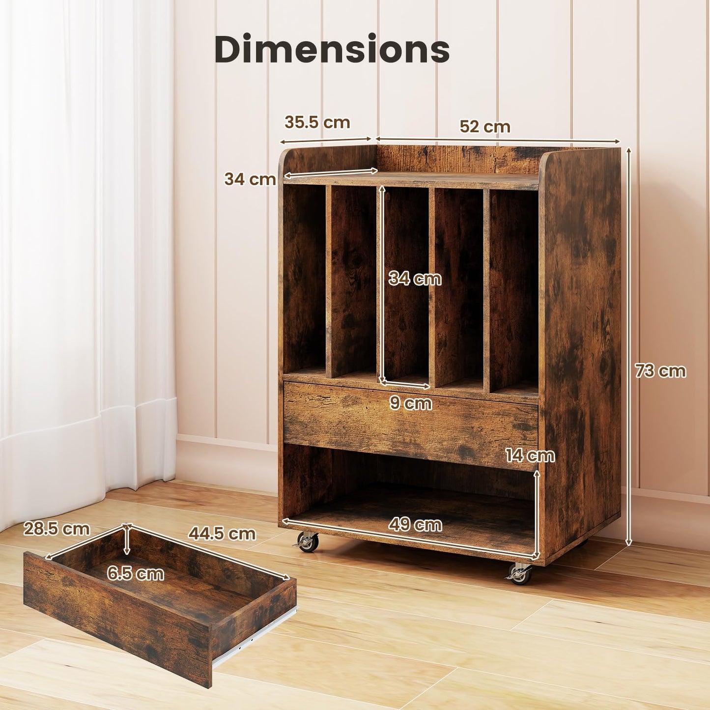 Record Player Stand On Wheels with 5 Compartments for Living Room Bedroom