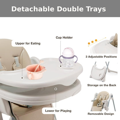 Baby High Chair Foldable Infant Dining Chair with Wheels