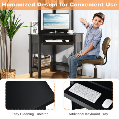 Corner Computer Desk with Top Bookshelf, Keyboard Tray and Storage Shelves, Space Saving Triangle PC Laptop Table