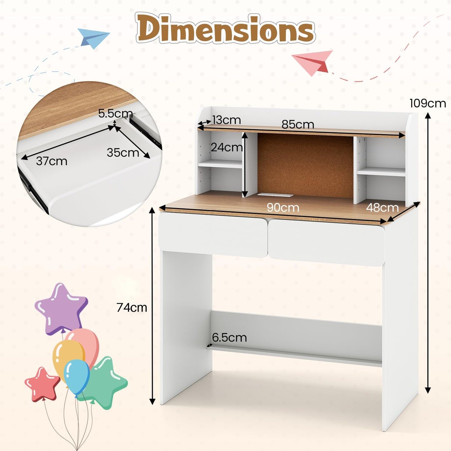 Kids Study Desk Student Writing Table with Cork Bulletin Board