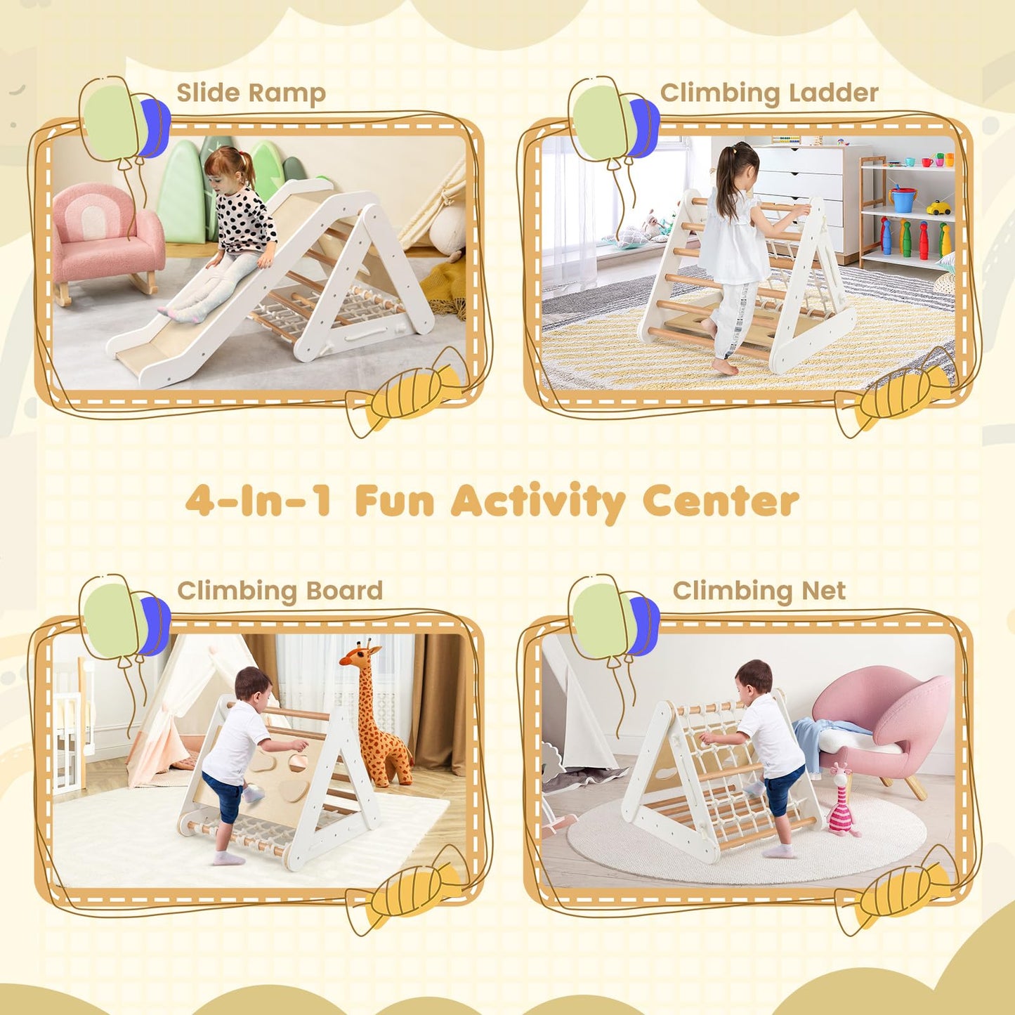4 in 1 Wooden Triangle Climbing Set with Ramp Sliding Board