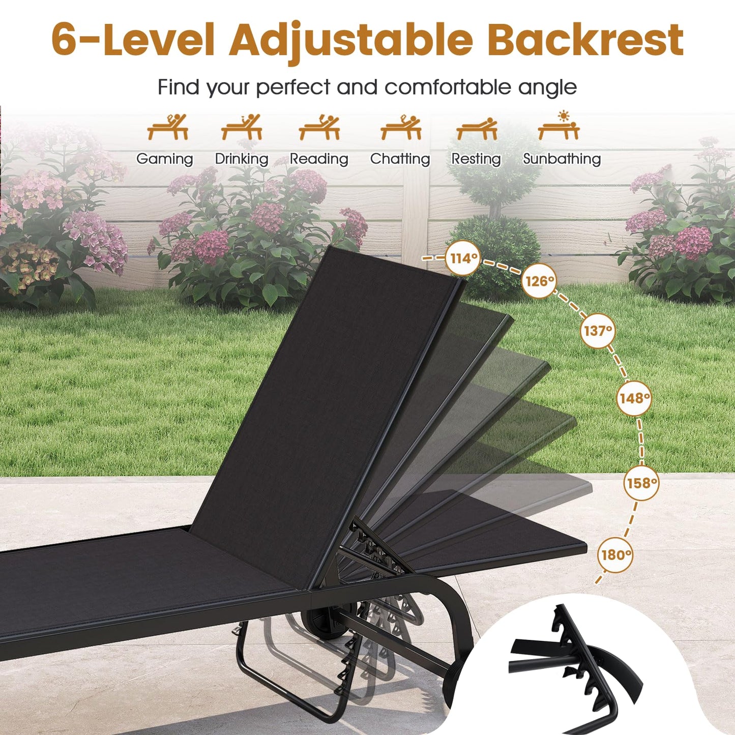 Garden Sun Lounger with Wheels, 6 Positions Adjustable Outdoor Chaise Lounge Chair