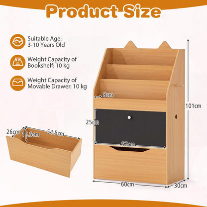 Wooden Kids Bookshelf with Movable Drawer & Chalkboard for Playroom Nursery