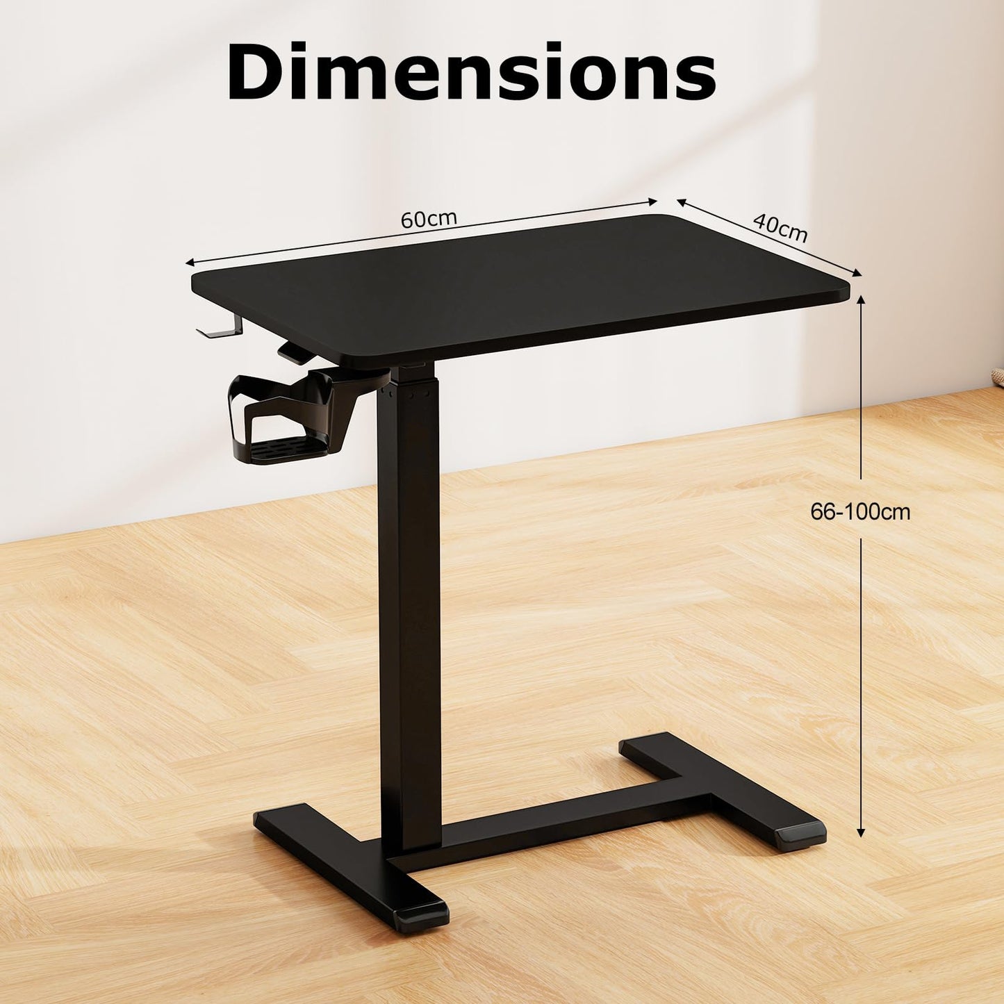 Height Adjustable Overbed Bedside Table with Cup Holder and Headphone Hook