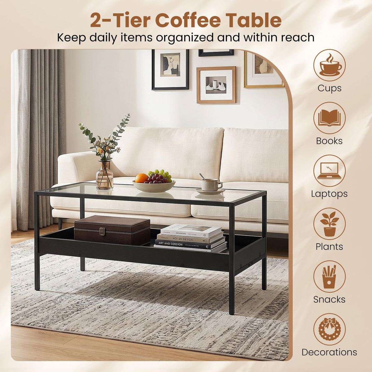 2-Tier Coffee Table with Tempered Glass Top & Storage Shelf