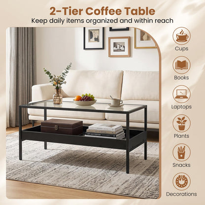 2-Tier Coffee Table with Tempered Glass Top & Storage Shelf
