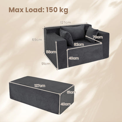Single Floor Sofa Bed with Ottoman & 3 Pillows, Corduroy Chaise Lounge Chair Boneless Couch