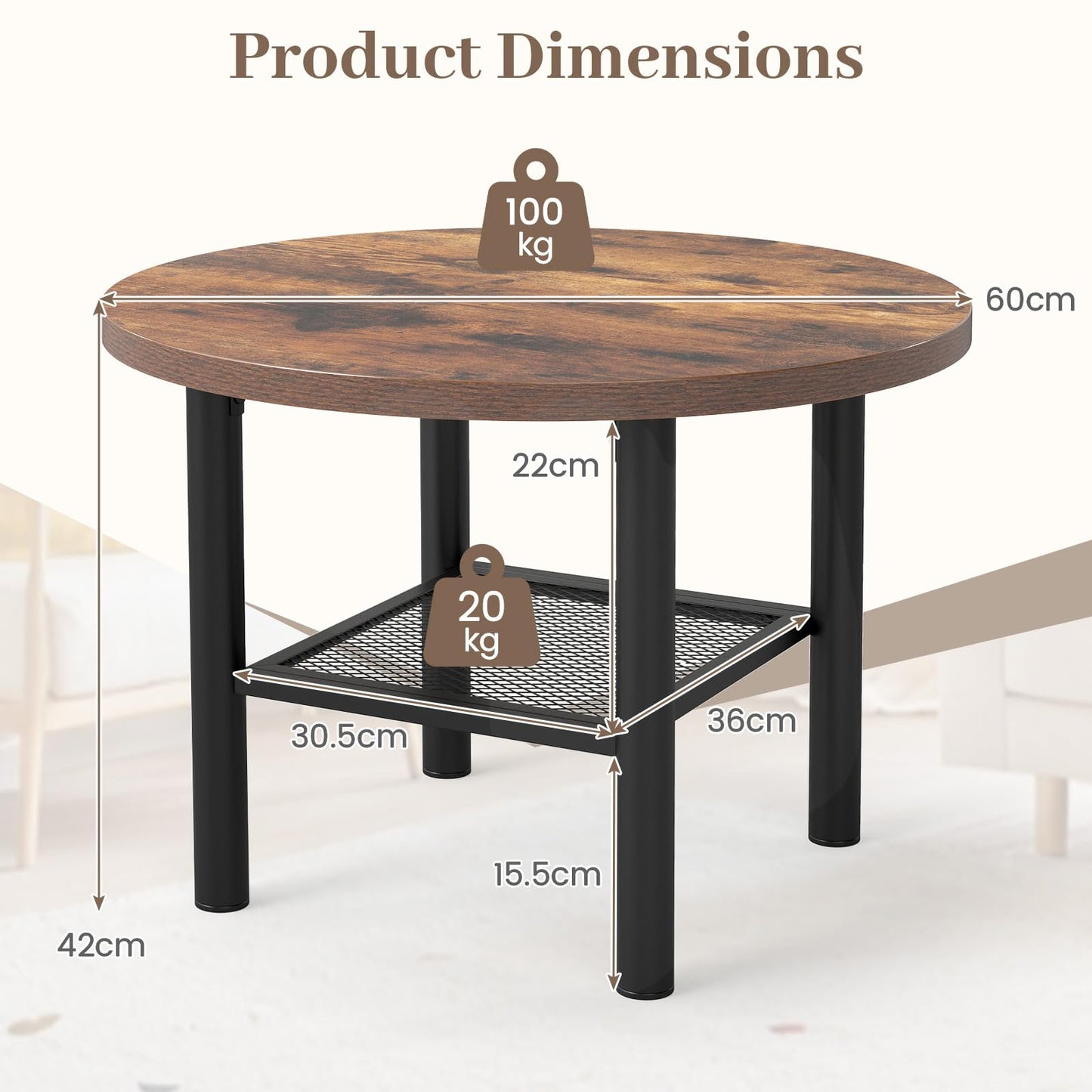 2-Tier Round Coffee Table with Storage
