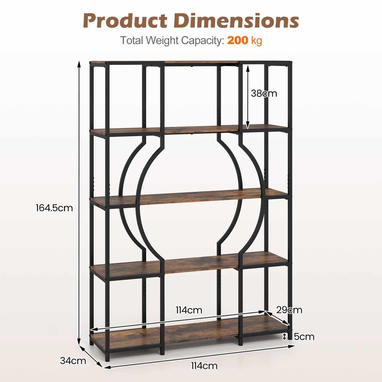 Industrial Etagere Bookcase with Arc-Shaped Design and Open Shelves