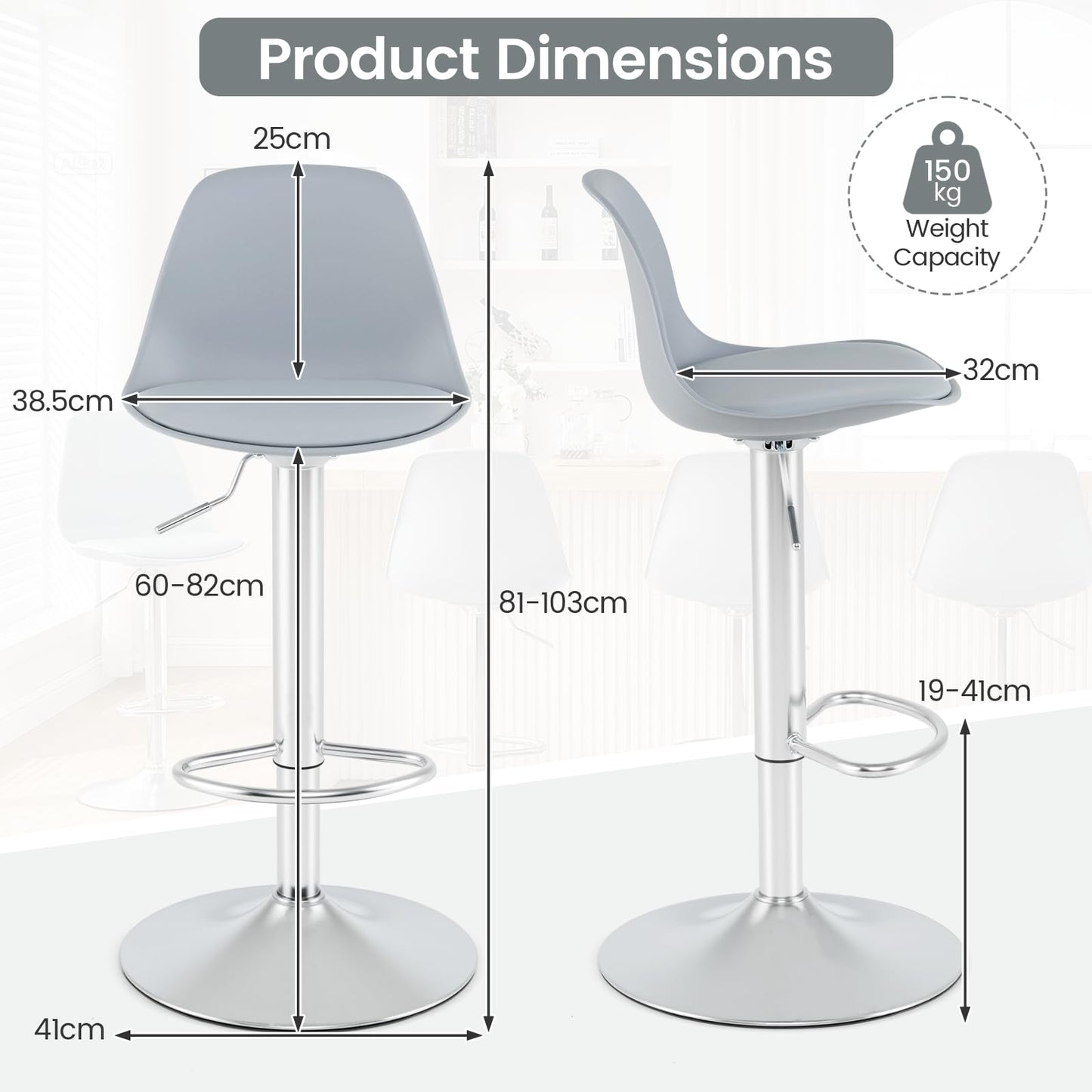 Bar Stools Set of 2, Height Adjustable Swivel Bar Chairs