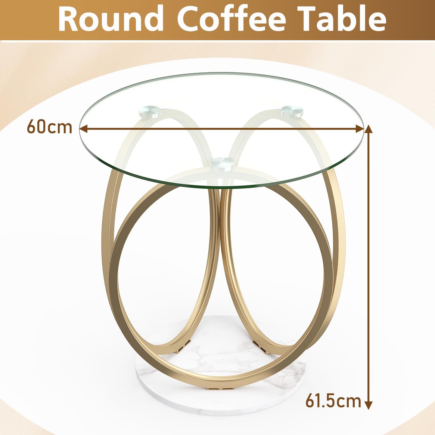 Round Glass Coffee Table with Geometric Metal Ring Frame for Living Room